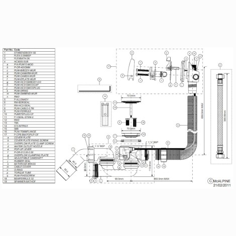 McAlpine syfon wannowy automat + napełnienie korek mosiądz chrom - rysunek techniczny.