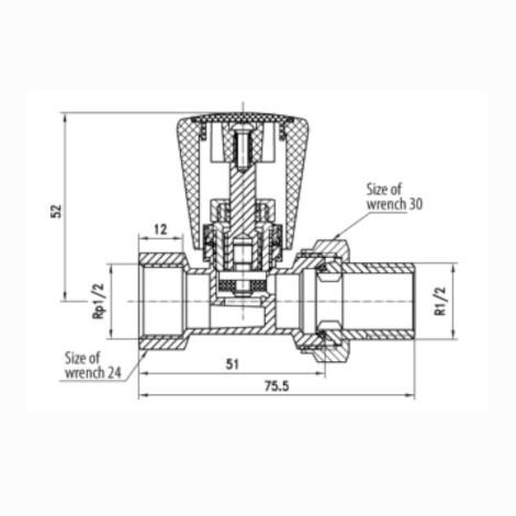 Valvex Activ Plus zawór grzejnikowy kątowy 1/2" niklowany - rysunek techniczny.