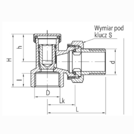 Valvex zawór grzejnikowy kątowy odcinający 1/2" - rysunek techniczny.