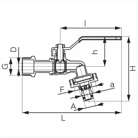 Ferro zawór kulowy czerpalny 1/2" z plastikowym szybkozłączem - rysunek techniczny.