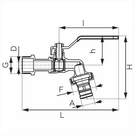 Ferro zawór kulowy czerpalny 3/4" z metalową złączką - rysunek techniczny.