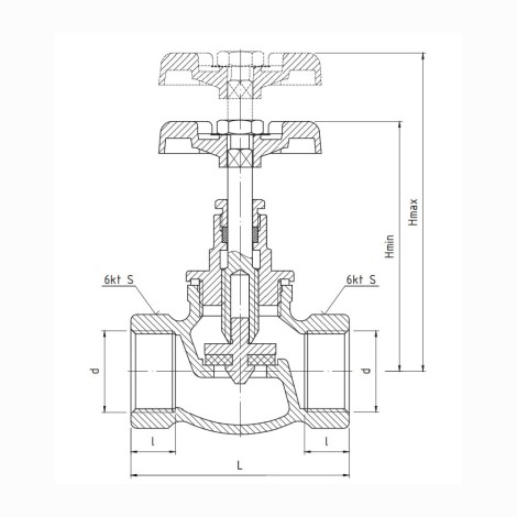Perfexim zawór przelotowy 3/4" żeliwny - rysunek techniczny.