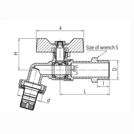 Valvex zawór kulowy czerpalny 1" niklowany - rysunek techniczny.