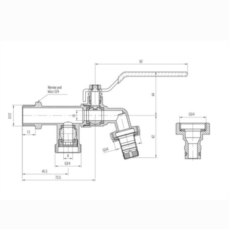 Valvex Oligo Duo zawór kulowy czerpalny 1/2" - rysunek techniczny.