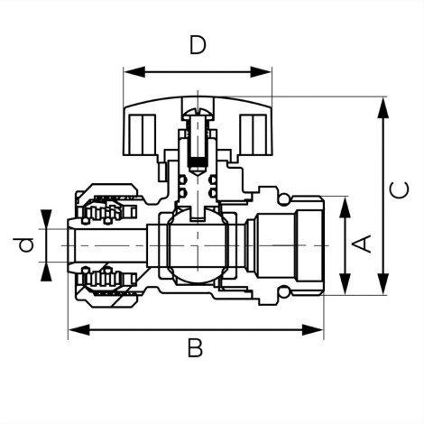 Ferro zawór kulowy 1/2" do rur wielowarstwowych 16 x 2 mm wkrętny - rysunek techniczny.