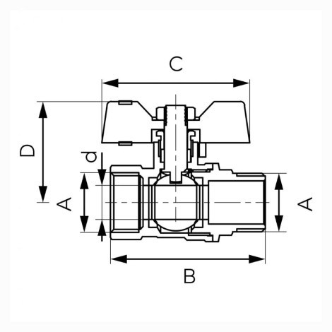 Ferro zawór kulowy 1/2" nakrętno-wkrętny - rysunek techniczny.