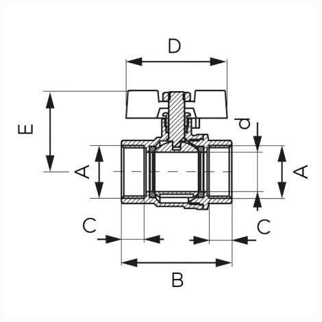 Ferro zawór kulowy 1/2" pełnoprzelotowy nakretno-nakrętny - rysunek techniczny.
