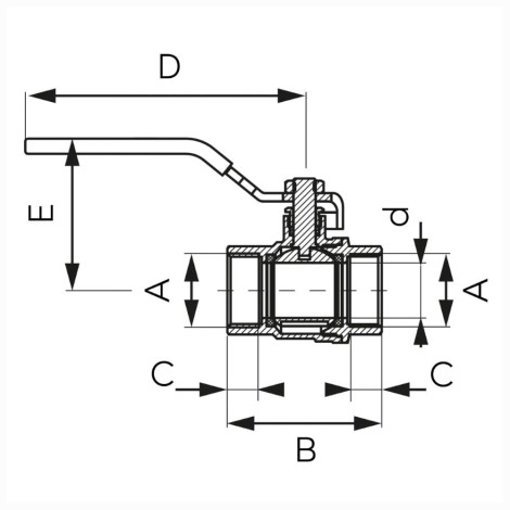 Ferro zawór kulowy 3/4" pełnoprzelotowy nakrętno-nakrętny - rysunek techniczny.