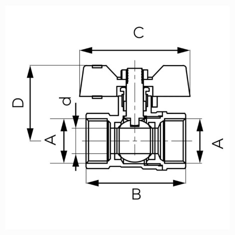 Ferro zawór kulowy 1/2" nakrętno-nakrętny - rysunek techniczny.