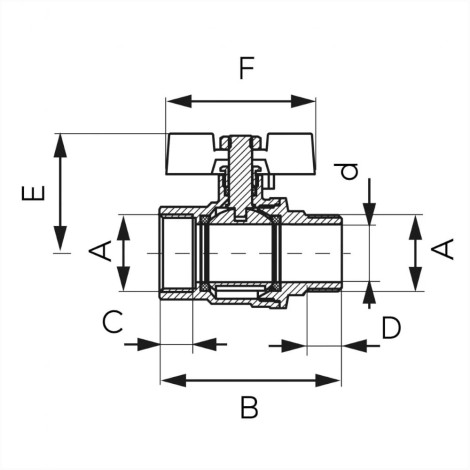 Ferro zawór kulowy 1/2" pełnoprzelotowy nakrętno-wkrętny - rysunek techniczny.