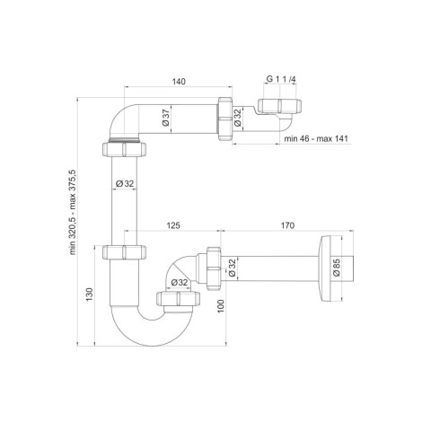 Tycner syfon umywalkowy rurowy 11/4" x 32 mm - rysunek techniczny.
