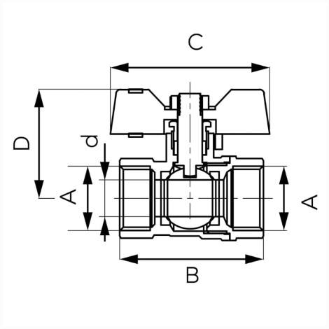 Ferro zawór kulowy 3/4" nakrętno-nakrętny - rysunek techniczny.