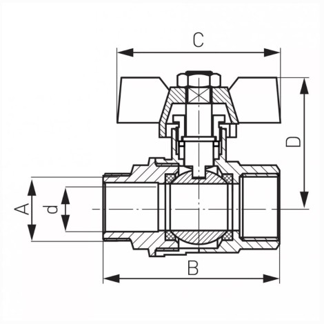 Ferro zawór kulowy 1/2" - rysunek techniczny.