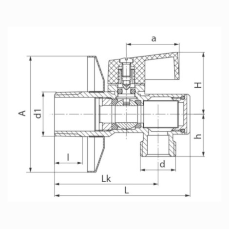 Valvex Angel Plus zawór kulowy kątowy 1/2" x 1/2" z filtrem - rysunek techniczny.