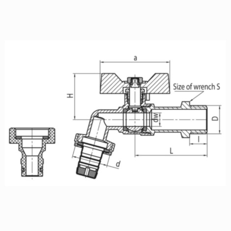Valvex Oligo zawór kulowy czerpalny 3/4" - rysunek techniczny.