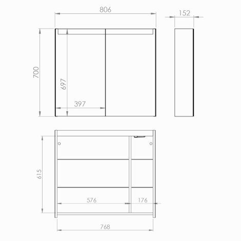 Elita Special szafka wisząca z lustrem 80 cm - rysunek techniczny.