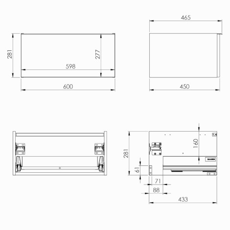Elita Look komoda bez blatu 60 cm biała mat - rysunek techniczny.