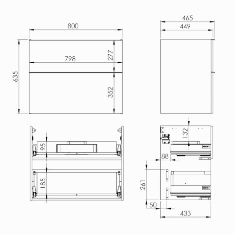Elita Look szafka podumywalkowa 80 cm biała mat - rysunek techniczny.