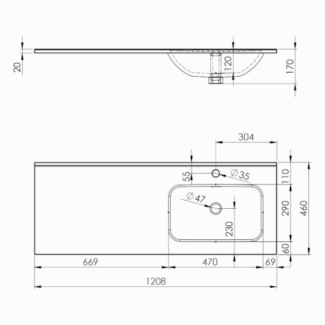 Elita Skappa umywalka meblowa 120 cm prawa - rysunek techniczny.