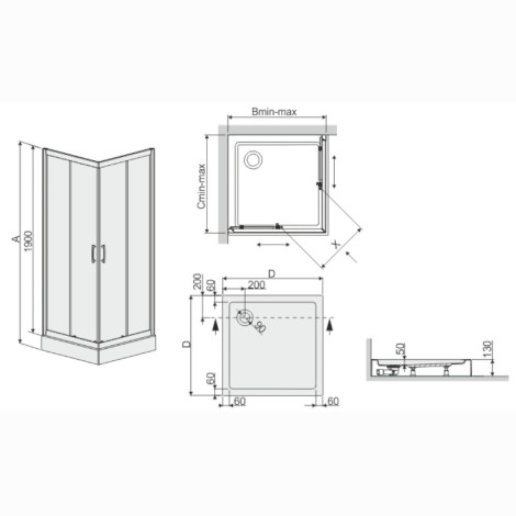 Sanplast KN/TX5B kabina prysznicowa narożna 80 cm szkło W15 z brodzikiem - rysunek techniczny.