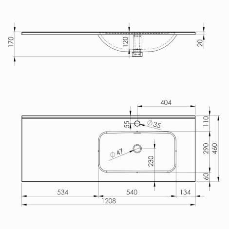 Elita Skappa umywalka meblowa 120 cm prawa - rysunek techniczny.