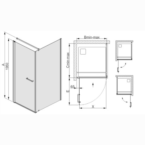 Sanplast Prestige KNDJ-PRII kabina prysznicowa narożna 90x70 cm szkło W0 - rysunek techniczny.