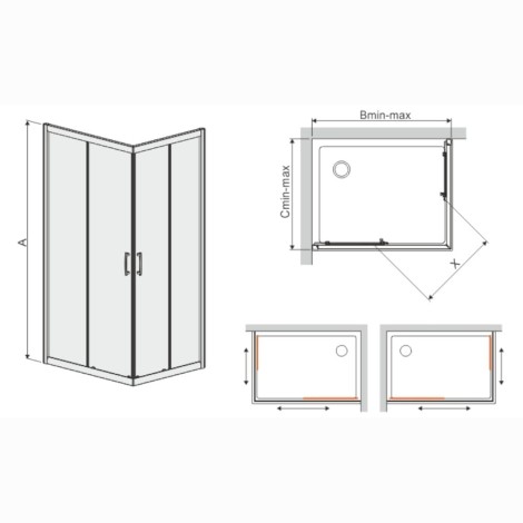 Sanplast KN/TX5B kabina prysznicowa narożna 90x100 cm szkło W15 - rysunek techniczny.