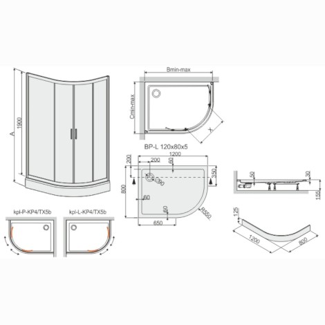 Sanplast TX kabina prysznicowa półokrągła asymetryczna  80x120 cm szkło W15 - rysunek techniczny.