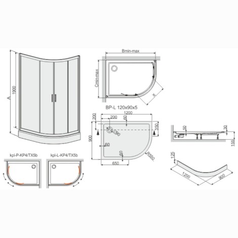 Sanplast TX kabina prysznicowa półokrągła asymetryczna lewa 90x120 cm szkło W0 -rysunek techniczny.
