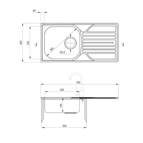 Deante Legato zlewozmywakowy 1-komorowy 76x43,5x14,5 cm - rysunek techniczny.