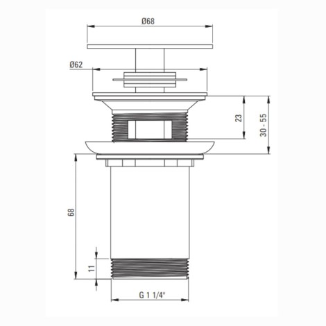 Deante korek click-clack do umywalek z tuleją okrągły złoty - rysunek techniczny.
