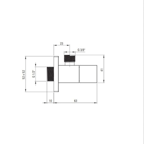 Deante Zawór kątowy kwadratowy z głowicą ceramiczną 1/2" x 3/8" - rysunek techniczny.