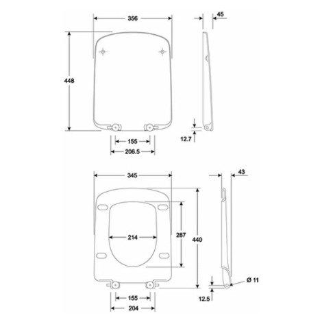 Geberit Selnova Square prostokątna deska duroplasowa wolnoopadająca Click2Clean-rysunek techniczny.