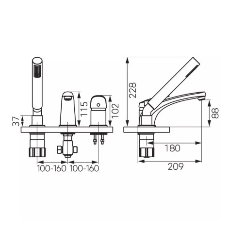 Ferro Ferro One Bateria wannowa 3-otworowa chrom- rysunek techniczny