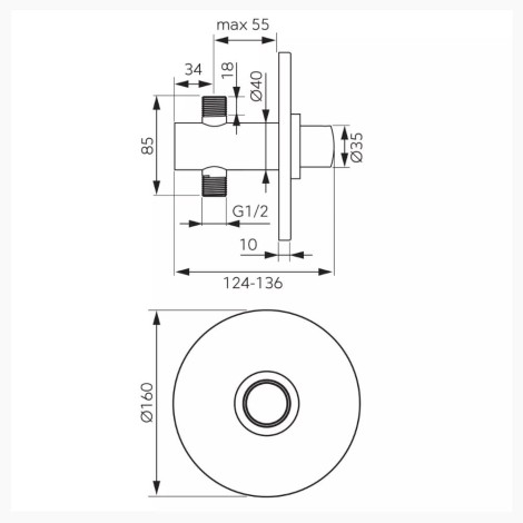 Ferro Presstige Pro bateria natryskowa podtynkowa czasowa chrom- rysunek techniczny
