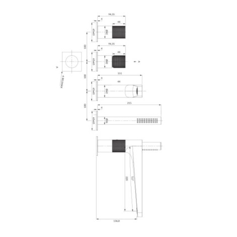 Omnires Contour bateria wannowa 4-otworowa chrom - rysunek techniczny