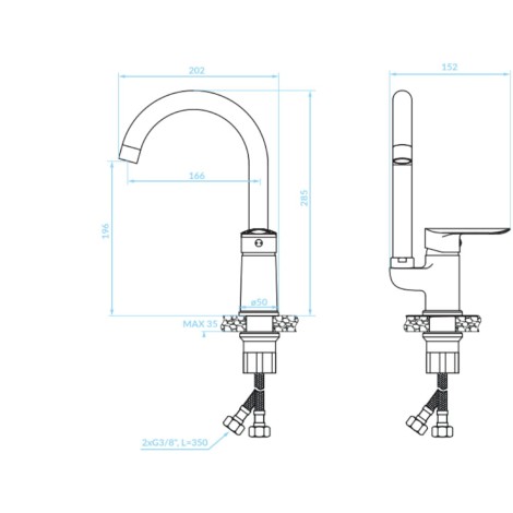 Kuchinox Cento bateria zlewozmywakowa stojąca z wylewką U 166 mm chrom-rys.tech.