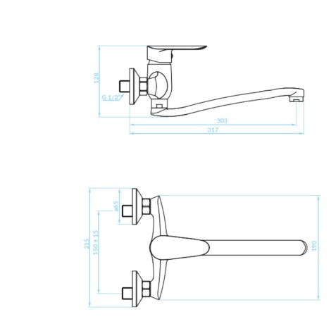 Kuchinox Cento bateria zlewozmywakowa ścienna ruchoma wylewka 304 mm chrom-rys.tech.