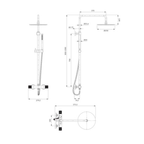 Omnires Contour termostatyczny system prysznicowo natynkowy złoty szczotkowany - rysunek techniczny