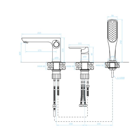 Kuchinox Dima bateria wannowa stojaca 3-otworowa chrom-rys.tech.
