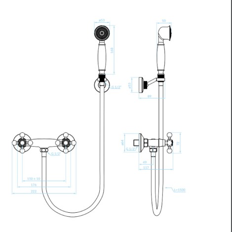 Kuchinox Stilo bateria natryskowa wraz zestawem chrom- rysunek techniczny