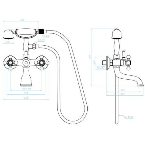 Kuchinox Stilo bateria wannowa ścienna chrom- rysunek techniczny