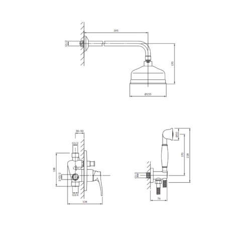 Omnires Art Deco system prysznicowy podtynkowy brąz antyczny - rysunek techniczny