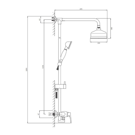 Omnires Art Deco system prysznicowy natynkowy miedź antyczna - rysunek techniczny
