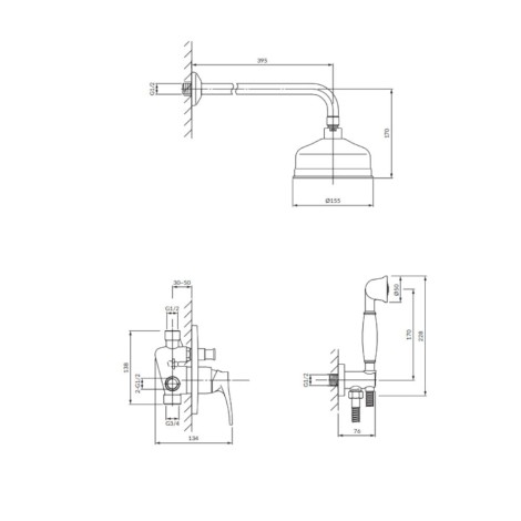 Omnires Art Deco system prysznicowy podtynkowy złoty - rysunek techniczny