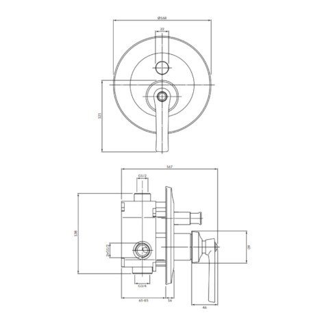 Omnires Armance bateria prysznicowo-wannowa podtynkowa chrom - rysunek techniczny