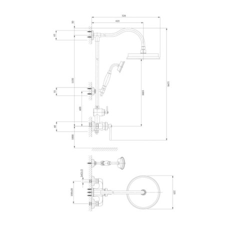 Omnires Armance system prysznicowy natynkowy miedź antyczna - rysunek techniczny