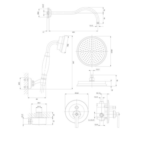 Omnires Armance system pryszniocowy podtynkowy chrom - rysunek techniczny