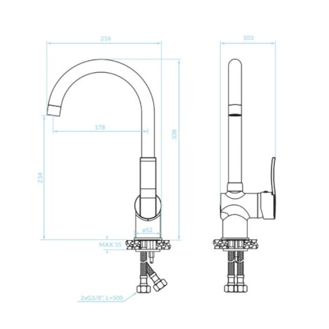 Kuchinox Madera bateria zlewozmywakowa stojąca czarny granit z wylewką U rys.tech.