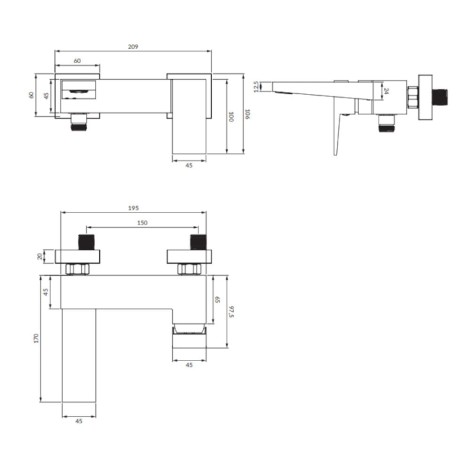 Omnires Fresh bateria wannowa chrom - rysunek techniczny